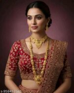Traditional Gold Plated Bridal Jewellery Set with Long Haram, Choker Necklace, Earrings, Maang Tikka & Hathphool - Image 2