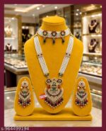 Traditional Kundan Meenakari 4-Layer Pearl Rani Haar Long Necklace Set with Earrings - Image 3