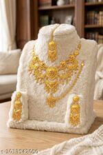 Traditional Gold-Plated Bridal Jewellery Set with Necklace, Earrings, Maang Tikka & Nath
