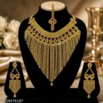 Royal Gold-Plated Bridal Fringe Choker Necklace Set with Earrings & Maang Tikka