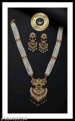 Traditional Kundan Meenakari 4-Layer Pearl Rani Haar Long Necklace Set with Earrings