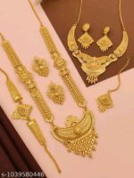 Traditional Gold Plated Bridal Jewellery Set with Long Haram, Choker Necklace, Earrings, Maang Tikka & Hathphool