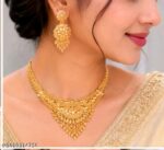 Traditional Gold-Plated V-Shape Collar Necklace Set with Matching Drop Earrings | Bridal Jewellery