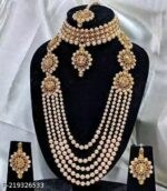 Bridal White Pearl & Kundan Choker with Layered Long Necklace, Earrings & Maang Tikka Jewellery Set - Image 3