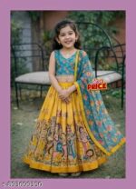 Girls Ethnic Printed Yellow Lehenga Choli Set with Floral Dupatta