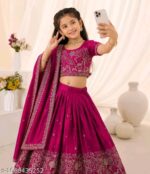 Girls Rani Pink Silk Embroidered Lehenga Choli with Dupatta | Kids Nature Motif Festive Ethnic Wear - Image 2