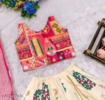 Girls Ethnic Printed Cream and Pink Lehenga Choli Set with Net Dupatta | Traditional Festive Wear for Kids - Image 3