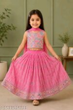 Girls Pink Embroidered Mirror Work Lehenga Choli Set with Dupatta | Ethnic Festive & Party Wear for Kids