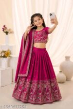 Girls Rani Pink Silk Embroidered Lehenga Choli with Dupatta | Kids Nature Motif Festive Ethnic Wear - Image 3