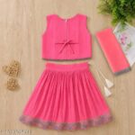 Girls Pink Embroidered Mirror Work Lehenga Choli Set with Dupatta | Ethnic Festive & Party Wear for Kids - Image 3