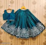 Girls Peacock Blue Embroidered Silk Lehenga Choli Set with Scalloped Border | Ethnic Festive Wear for Kids - Image 9