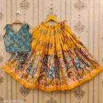 Girls Ethnic Printed Yellow Lehenga Choli Set with Floral Dupatta - Image 2