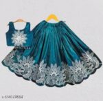 Girls Peacock Blue Embroidered Silk Lehenga Choli Set with Scalloped Border | Ethnic Festive Wear for Kids - Image 8