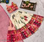 Girls Ethnic Printed Cream and Pink Lehenga Choli Set with Net Dupatta | Traditional Festive Wear for Kids - Image 2