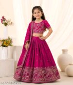 Girls Rani Pink Silk Embroidered Lehenga Choli with Dupatta | Kids Nature Motif Festive Ethnic Wear