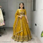 Girls Mustard Yellow Embroidered Lehenga Choli Set with Scalloped Dupatta
