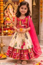 Girls Ethnic Printed Cream and Pink Lehenga Choli Set with Net Dupatta | Traditional Festive Wear for Kids