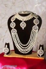 Bridal White Pearl & Kundan Choker with Layered Long Necklace, Earrings & Maang Tikka Jewellery Set - Image 2