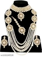 Bridal White Pearl & Kundan Choker with Layered Long Necklace, Earrings & Maang Tikka Jewellery Set